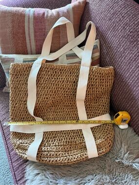 Natural Woven Straw Tote Bag with Cream Straps